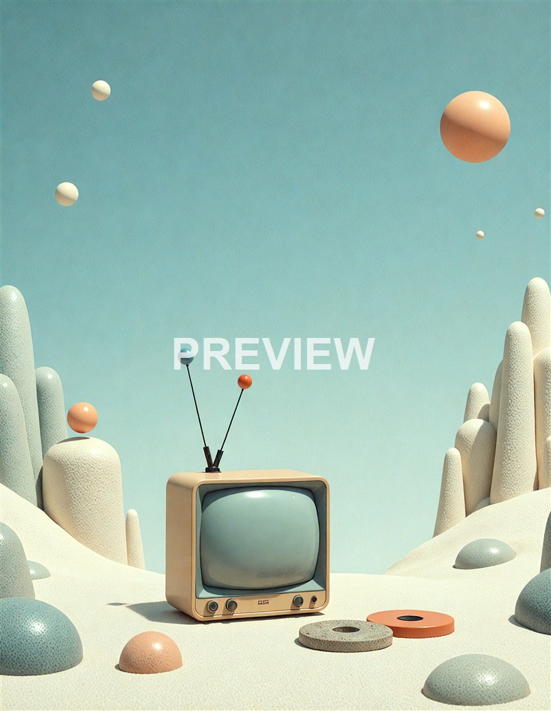 A vintage television set with antennas is placed in a surreal landscape with white, rounded, cone-shaped formations and floating colorful spheres against a pale blue sky.